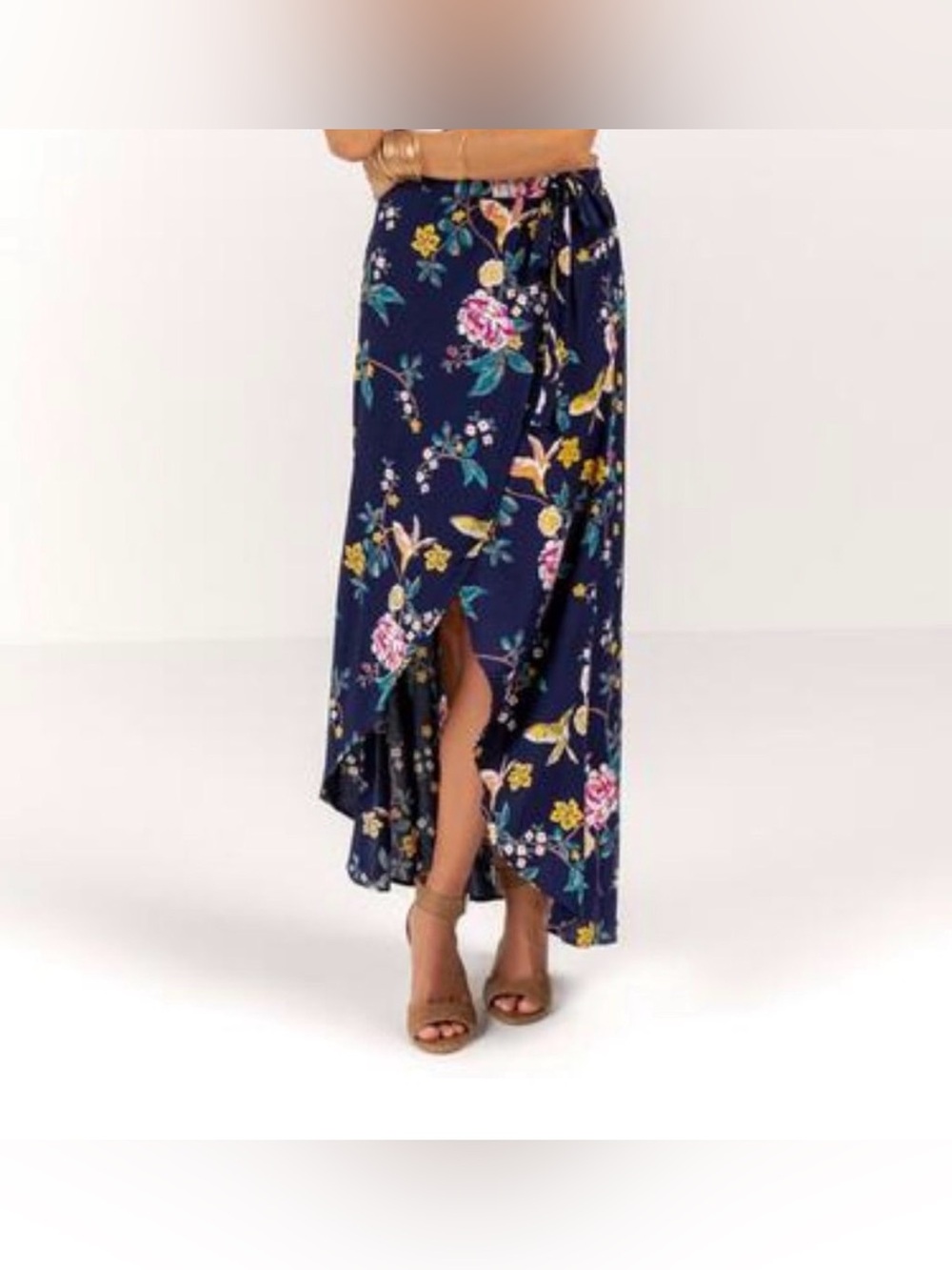 Blue Rain by Francesca's maxi floral wrap navy skirt